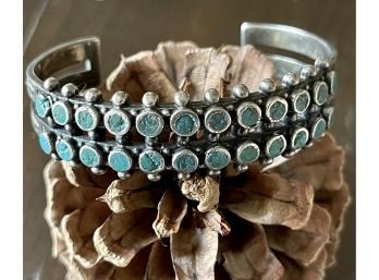 Old Pawn Navajo Sterling Silver Double Row Turquoise Cuff Bracelet 30.3 Grams