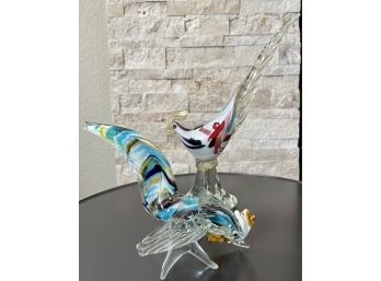 Two Murano Multi Color Mid Century Art Glass Birds Gold Accents (as Is)