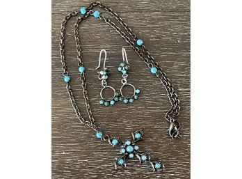 Antique Sterling Silver Persian Turquoise Dangle Earrings & Gothic Cross Metal Necklace