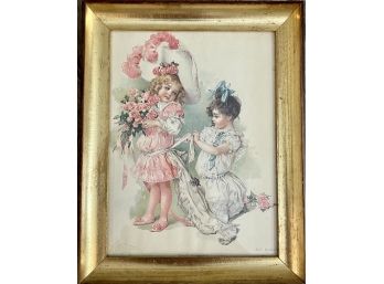 Antique KC Baking Powder Advertising Print Two Victorian Girls In Gold Frame With Wood Back
