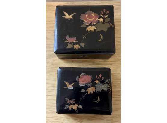 (2) Mid-century Modern Black Lacquer Hand Painted Floral Nesting Boxes