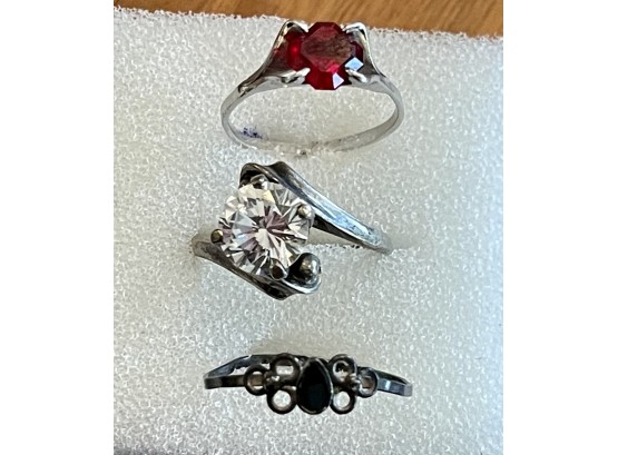 (3) Vintage Rings, (2) Sterling And Silver Tone With Rhinestones & Enamel Size 6