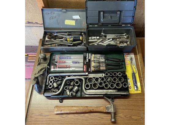 Assorted Tools Including Indestro Socket Wrench Set, New In Box Screw Drivers, Planer, And More
