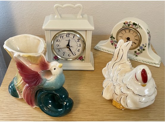 Assorted Lot Of Mid-century Modern Ceramic Pottery Including 2 Flower Painted Clocks