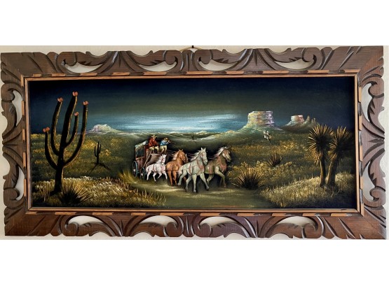Mid Century Modern Oil Painting On  Velvet Stage Coach And Horses Painting With Ornate Wood Frame