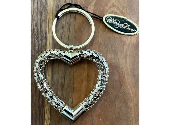 Vintage WHITING & DAVIS Gold Tone Metal Mesh Key Ring Large Open Heart 3 1/2' With Original Tag