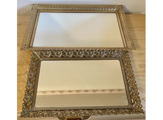 (2) Vintage & Antique Brass And Metal Filigree Footed Mirrored Dresser Trays