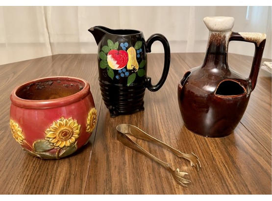 Vintage Pottery And Earthen Ware Jug, Pitcher, And Planter With Tongs