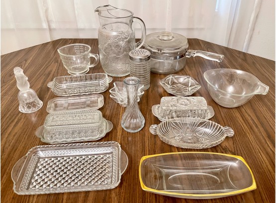 Vintage Crystal Lot Including Pyrex Measuring Cups, Butters, Candle Holders, Pitcher, Pots, And More