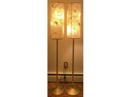(2) Mid-century Modern Fiberglass Butterfly Cylinder Shade Gold Tone Base Standing Lamps