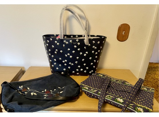 (3) Purses Including (1) Vinyl Kate Spade New With Tags, (1) Suede With Embroidered Flowers, And (1) Material