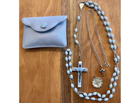 Vintage Blue Bead Italy Rosary With Case, Krementz Rhinestone Cross Necklace, Silver Tone Religious Medallion