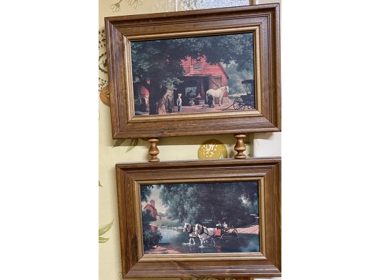 2 Farm Yard Prints In Attached Wooden Frame