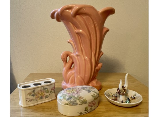 MCM McCoy Pink Pottery Swan Vase With Floral Ceramic Dresser Set, And Earrings