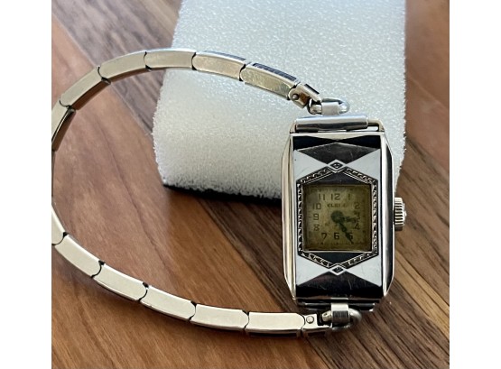 Vintage Art Deco Women's Elgin Black And White 14K Gold Filled Watch  With Black And Silver Original Band