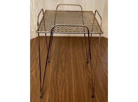 Small Metal Mid-century Modern Side Table With A Pierced Top And Rubber Feet