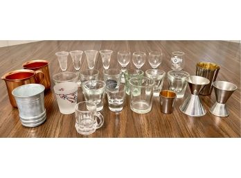 Bar Lot Including Color Craft, Assorted Shot Glasses, Pour Glasses, And Etched Drink Glasses