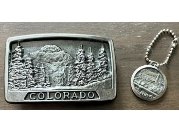 Vintage Colorado Belt Buckle Mountain Clearing Chad MFG Corp Aurora, CO & Geneve Silver Tone Key Chain