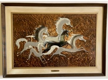 Mid-century Modern Genuine Tooled Copper 'ghost Herd' Framed Raised Copper Horses