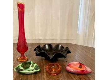 Assorted Art Glass Including Geode Ash Tray, Vase And Black Amethyst Ruffled Murano Style Bowl