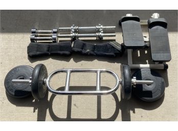 Small Lot Of Assorted Workout Equipment Including Tricep Bar, Sand Weights, Stepper, And More