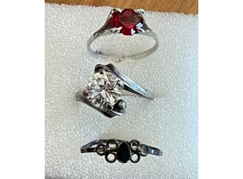 (3) Vintage Rings, (2) Sterling And Silver Tone With Rhinestones & Enamel Size 6
