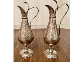 (2) Solid Brass Hand-crafted Etched Ewer Pitchers