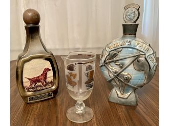 (2) Jim Beam Decanters 1964 Worlds Fair And Mid-century Modern Frosted Pour Glass