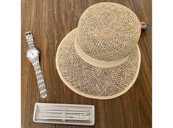Sheaffer Pen Set, Woman's Zig-zag Colorful Watch, And Arlin Hat New With Tag