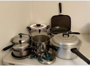 Vintage Lot Of Pots And Pans Including Hammercraft, Mirro, And Enameled Paisley