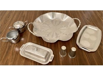 Vintage Etched Aluminum Lot Salt And Pepper, Cream And Sugar, Tray, And Butter