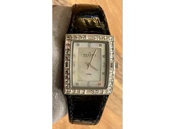Skagan Denmark Mother Of Pearl Face Watch With Rhinestone Trim & Genuine Leather Band