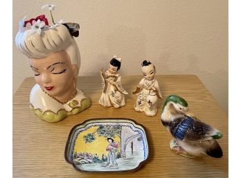 Vintage Collection Of Asian Motif Lefton China Japan Headbase. Figurines, Enamel Tray, And Duck