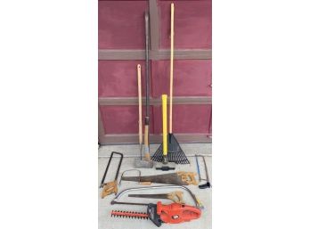 Lot Of Assorted Tools Including Hedge Trimmer, Saws, Sledge Hammer, Axe And More