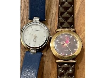 (2) Skagan Denmark Genuine Leather Band Watches (1) Blue Leather With Super Hardened Mineral Crystal (1) Red