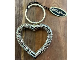 Vintage WHITING & DAVIS Gold Tone Metal Mesh Key Ring Large Open Heart 3 1/2' With Original Tag