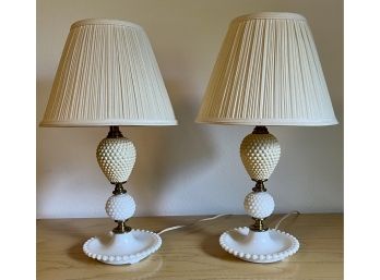 (2) Mid Century Hobnail Milk Glass & Celluloid Night Light Lamps With Shades