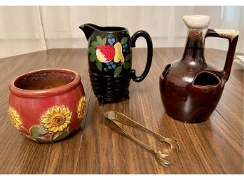 Vintage Pottery And Earthen Ware Jug, Pitcher, And Planter With Tongs