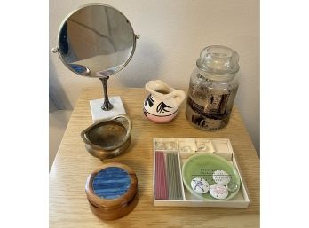 Dresser Lot Including Marble Base Mirror, Small Navaho Pitcher, Incense Kit, Brass Pot, And Wood Trinket Jar