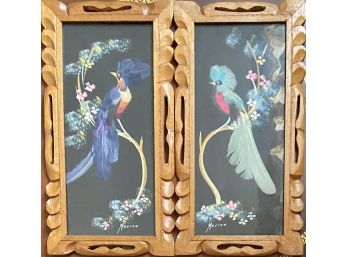 (2) Small Casa Flores D. Mexican Feathercraft Art In Carved Wooden Frames With Paper Work - Mexico City