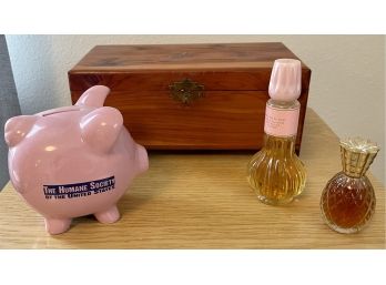 Vintage Pine Dresser Box, Humane Society Pink Piggy Bank, And (2) Vintage Avon Perfume Bottles