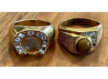 (2) Vintage 14K Gold Electro Plate Men's Rings With Rhinestones And One With A Tiger Eye Stone (as Is)