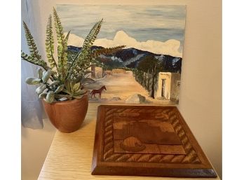 Ortega 71 Original Oil Painting, Anthony Trujillo 94 Taos Wall Plaque, And Ceramic Planter With Faux Plants