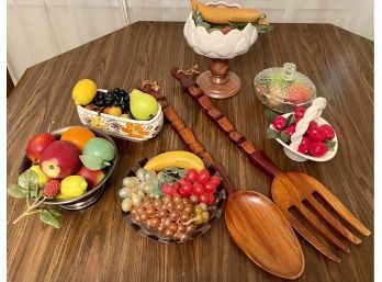 Large Collection Of Vintage Plastic Fruit And Bowls Including Crystal, Pottery, And A Large Spoon And Fork