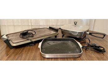 Westinghouse Electric Fryer With Lid And Plug, Regal Electric Griddle With Plug, And Wagner Ware Roaster