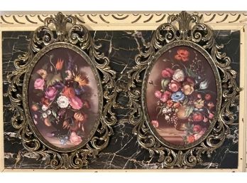 (2) Victorian Style Ornate Metal Framed Floral Wall Plaques