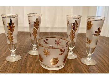 Libbey Mid-century Modern Pilsner Beer Glasses Frosted With Gold Leaves