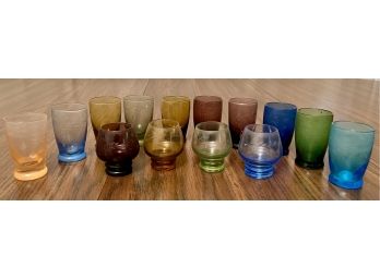 Assorted Etched Colored Art Glass Miniature Shot And Drink Glasses