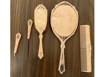 Vintage Pink And Black Celluloid Dresser Set: Hand Mirror, Brush, Comb, And More