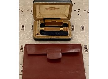 Antique Gillette Razor With Blades In Original Box And Leather Wallet